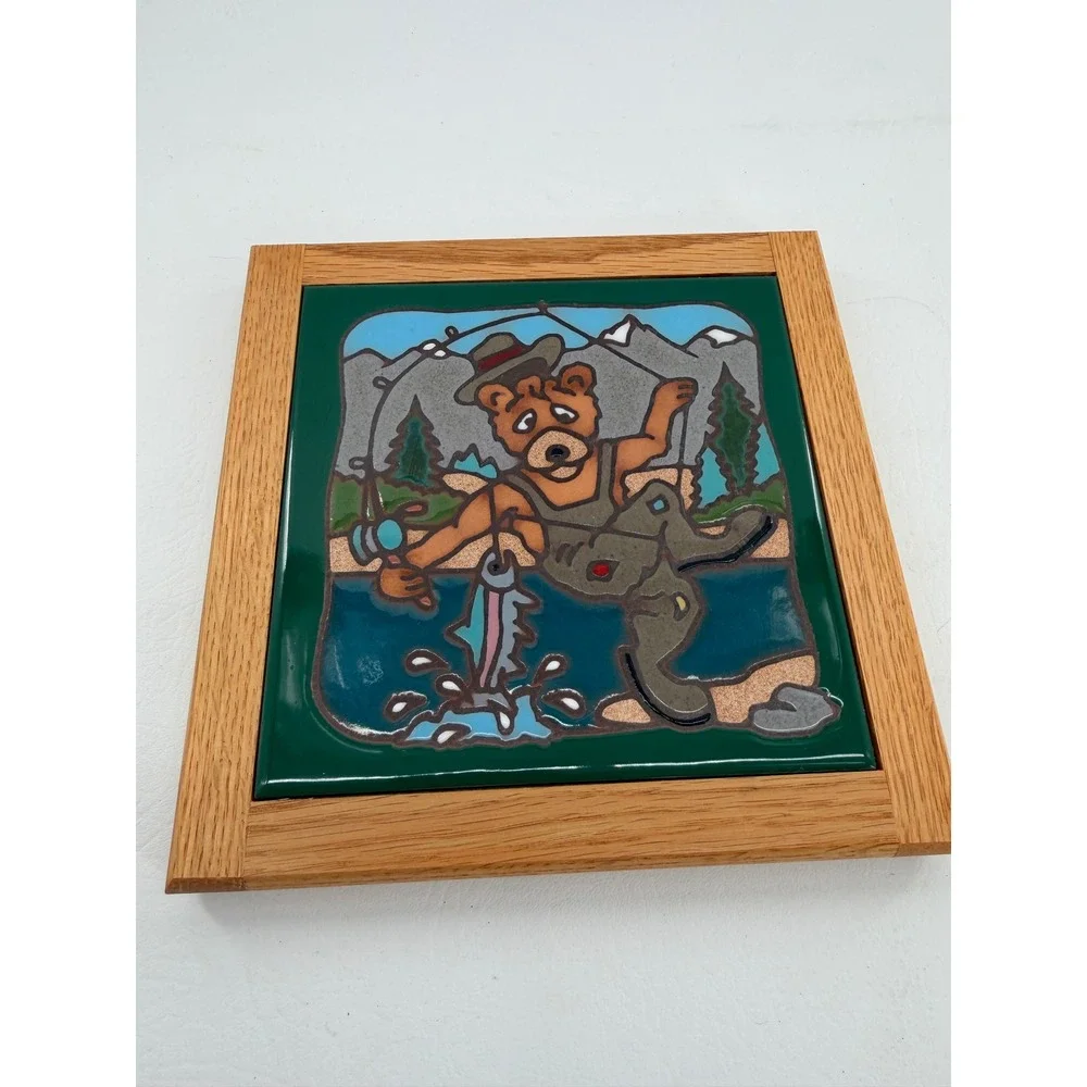 Masterworks Ceramic Tile Trivet Green Fishing Bear Framed Folk Art Cabin Decor